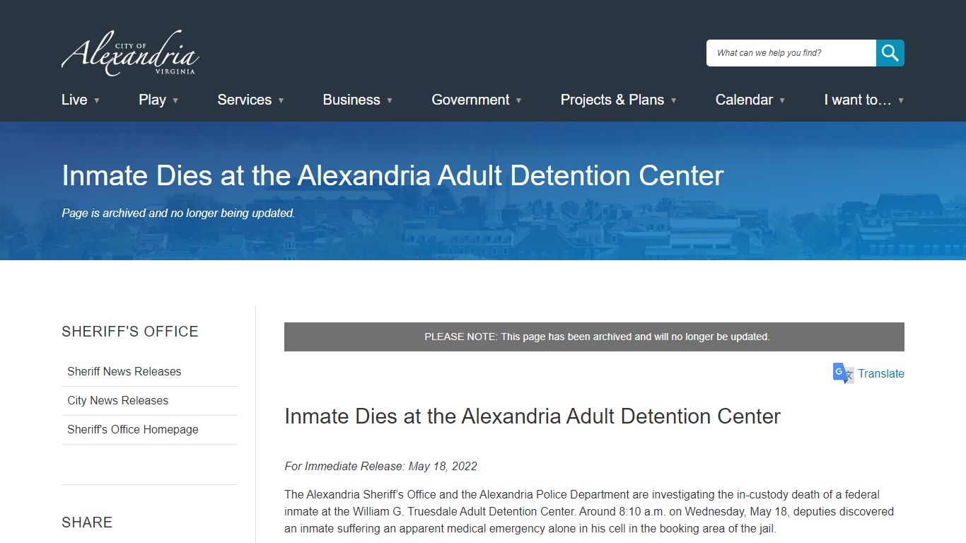 [Archived] Inmate Dies at the Alexandria Adult Detention Center